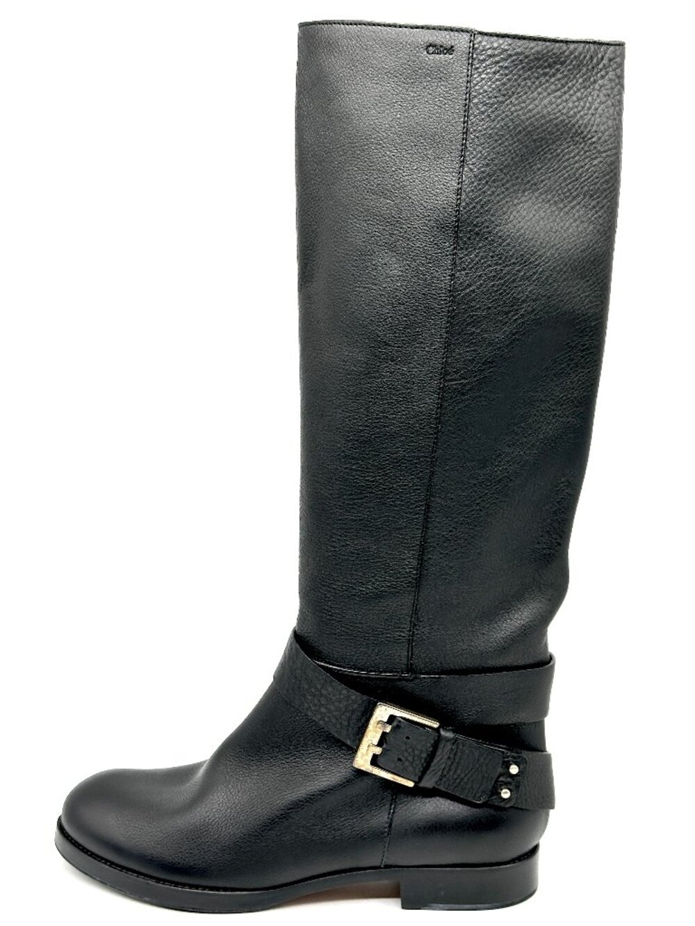 Chloe Erin Prince Leather Buckled Knee High Tall Riding Flat Boots Black